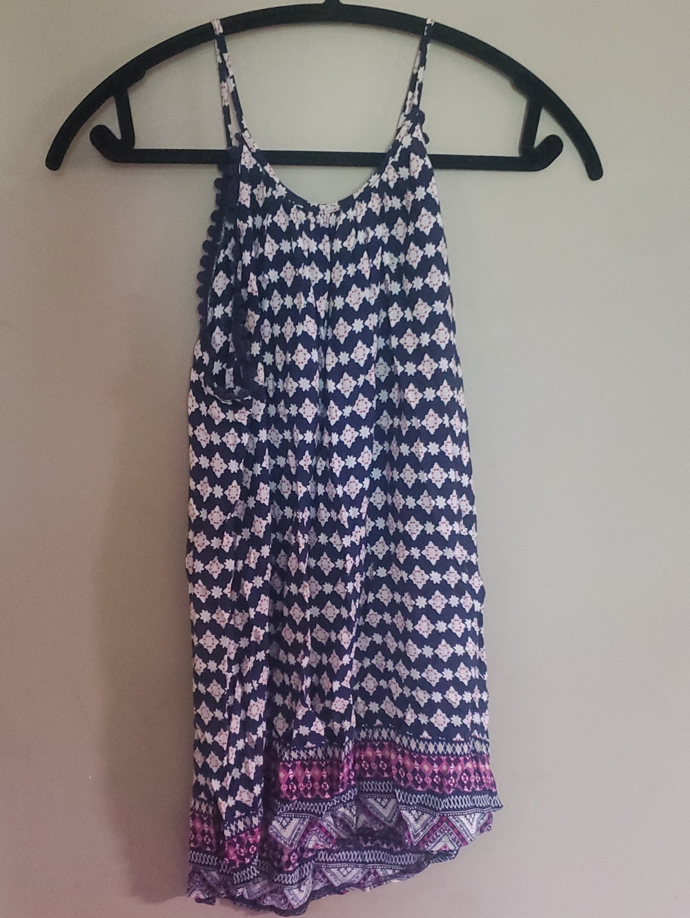 Solitaire Navy Blue Printed Sundress Or Long Top with Pink Border Size Medium
